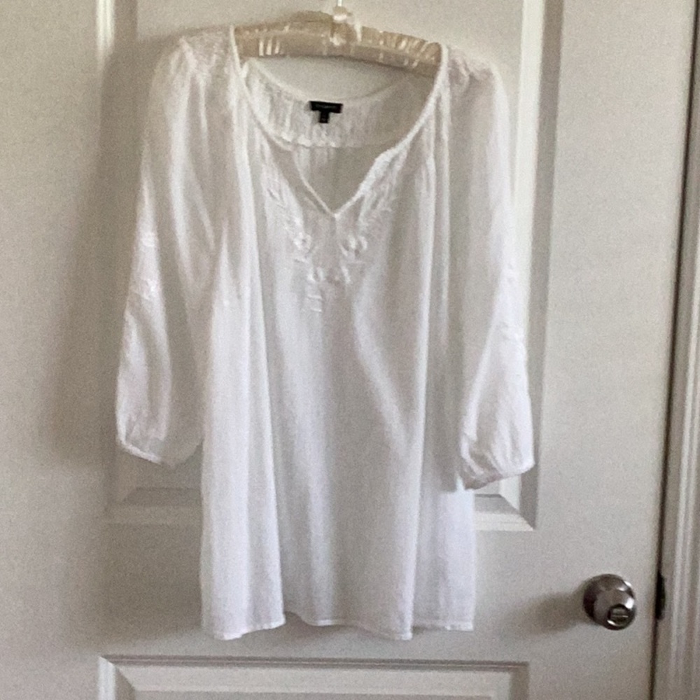 White Embroidered V-Neck Women's Top -